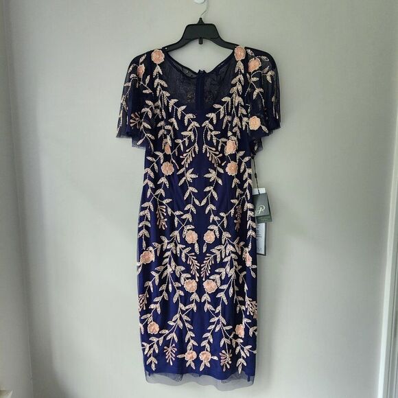 Adrianna Papell Illusion Cocktail Dress | Beaded | Flutter Sleeve, Sheer, Size 4 - Picture 2 of 13